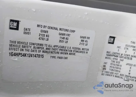 2002 Buick Lesabre Custom from USA, damaged, VIN 1G4HP54K124147815